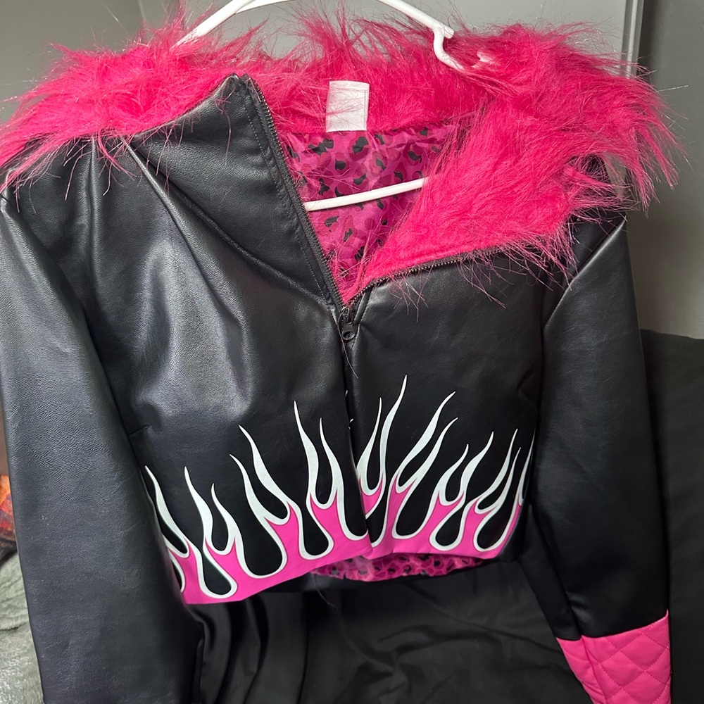 Black and Pink Faux Leather Jacket with Flame Design